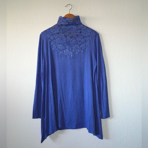 Soft Surroundings Blue Tamora Lace Mock Neck Long Sleeve Top large - Picture 2 of 5